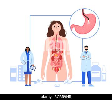 Abbildung einer Gastroskopie, auch als obere Endoskopie bezeichnet. Dies ist ein Verfahren, bei dem ein Endoskop durch den Mund eingeführt wird, um Ösophagus, Magen und Zwölffingerdarm zu untersuchen. Es hilft bei der Diagnose und Behandlung von Erkrankungen wie Geschwüren, Entzündungen oder Tumoren im oberen Verdauungstrakt. Stockfoto