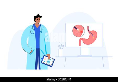 Abbildung einer Gastroskopie, auch als obere Endoskopie bezeichnet. Dies ist ein Verfahren, bei dem ein Endoskop durch den Mund eingeführt wird, um Ösophagus, Magen und Zwölffingerdarm zu untersuchen. Es hilft bei der Diagnose und Behandlung von Erkrankungen wie Geschwüren, Entzündungen oder Tumoren im oberen Verdauungstrakt. Stockfoto