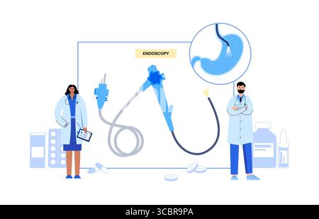 Abbildung einer Gastroskopie, auch als obere Endoskopie bezeichnet. Dies ist ein Verfahren, bei dem ein Endoskop durch den Mund eingeführt wird, um Ösophagus, Magen und Zwölffingerdarm zu untersuchen. Es hilft bei der Diagnose und Behandlung von Erkrankungen wie Geschwüren, Entzündungen oder Tumoren im oberen Verdauungstrakt. Stockfoto