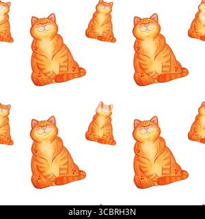 Nahtloses Muster mit roten Katzen. Aquarellillustration handgezeichnet, kindisch, Zeichentrickfilm. Zeichnung für Papier, Textilien, Einladungen, Karten. Katze, rote Katze Stockfoto