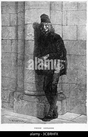 Illustration aus einer frühen französischen Ausgabe von Victor Hugos Buch der Glöckner von Notre Dame, die die Figur Pierre Gringoire, einen fiktiven Dichter, zeigt Stockfoto