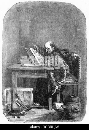 Illustration aus einer frühen französischen Ausgabe von Victor Hugos Buch der Glöckner von Notre Dame, die Quasimodo beim Lesen zeigt Stockfoto