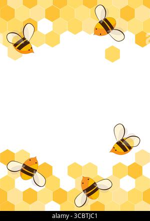 Nahtloses Randmuster mit Wabenmuster und Honigbienen. Niedliches Bienenzucht-Rahmendesign isoliert auf weißem Hintergrund. Vektorabbildung. Stock Vektor
