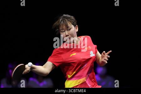 Yokohama, Japan. August 2025. Chen Xingtong aus China trifft im Achtelfinale der Frauen gegen Zhang Mo aus Kanada beim WTT Champions Yokohama 2025 in Yokohama, Japan, am 9. August 2025 einen Rückflug. Quelle: Yue Chenxing/Xinhua/Alamy Live News Stockfoto