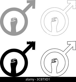 Anti-Feminismus männliches Symbol Zeichen erhöhte Faust Set Icon grau schwarz Farbe Vektor Illustration Bild einfache feste Füllung Umrisslinie dünne flache Art Stock Vektor