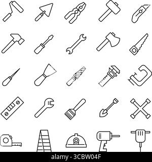 Liniensymbolgruppe für Konstruktionstools. Moderne lineare Symbole. Bearbeitbare Kontur. Vektorabbildung. Symbolgruppe reparieren. Stock Vektor