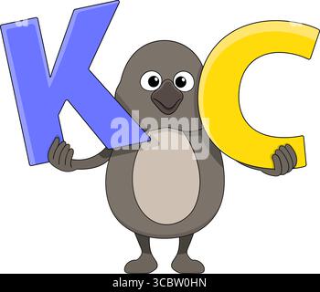 Ein entzückender Kiwi-Vogel-Zeichentrickfigur mit fröhlichem Gesicht, der einen großen blauen Buchstaben K und einen gelben Buchstaben C für die Vitamine K und C hält Stock Vektor