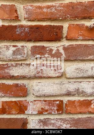 Nahaufnahme der verwitterten roten Ziegelmauer mit Mörtellinien Stockfoto