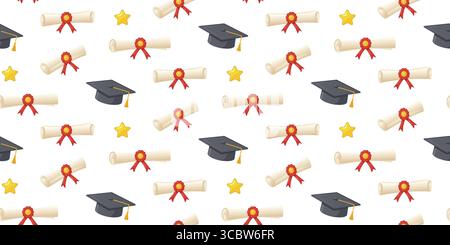 Nahtloses Muster mit Graduierungskappen, Diplome mit roten Bändern und goldenen Sternen auf weißem Hintergrund. Bildungs- und Leistungskonzept Stock Vektor