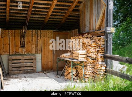 Großer Stapel gehackten Brennholzes, ordentlich in rustikalem Holzschuppen gestapelt Stockfoto