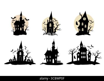 Set von Halloween Silhouette Häusern mit Fledermaus, Kürbis und Geist auf weißem Hintergrund. Illustration des toten Vektors Stock Vektor
