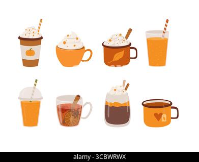 Set aus verschiedenen Herbst- und Wintergetränken Vektor-Illustration. Handgezeichnete Tasse mit Cappucino, Kürbislatte, heißer Schokolade, Kakao, Smoothie, Saft Stock Vektor