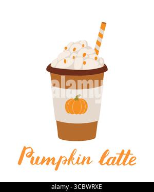 Kürbis Gewürz Latte in Papierbecher flache Vektor-Illustration. Herbstkaffee zum Mitnehmen. Warmes süßes Getränk in der Herbstsaison. Cappuccino zum Mitnehmen Stock Vektor