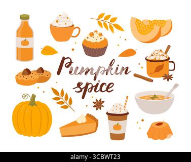 Set mit Kürbisgewürzen saisonale Produkte, Kaffee, Latte, Kuchen, Suppe, Smoothie. Speisen und Getränke im Herbst isoliert auf weißem Hintergrund. Sammlung Stock Vektor