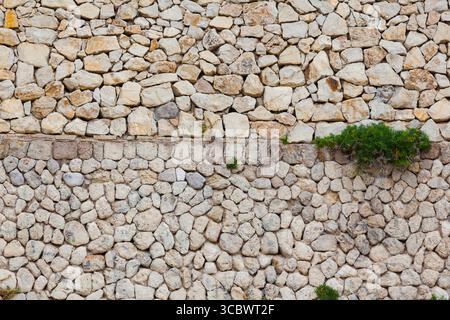 Eine Wand aus unebenen Steinen, in der grünes Gras wächst. Stockfoto