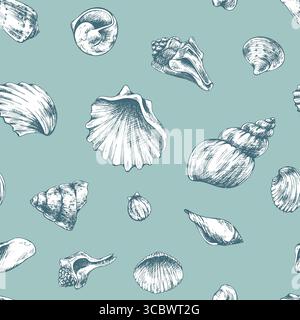 Hellblaues nahtloses Muster mit verstreuten Muscheln im monochromen Stil, handgezeichnete Strichgrafik-Illustration in schwarzer Tinte, ideal für nautische Verpackungen Stock Vektor
