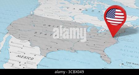 USA, Vereinigte Staaten von Amerika, Washington - Positionsnadel mit Nationalflagge auf politischer Karte - 3D-Illustration Stockfoto