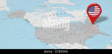 USA, Vereinigte Staaten von Amerika mit Alaska, Washington - Positionsnadel mit Nationalflagge auf politischer Karte - 3D-Illustration Stockfoto