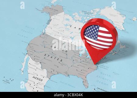 USA, Vereinigte Staaten von Amerika mit Alaska, Washington - Positionsnadel mit Nationalflagge auf politischer Karte - 3D-Illustration Stockfoto