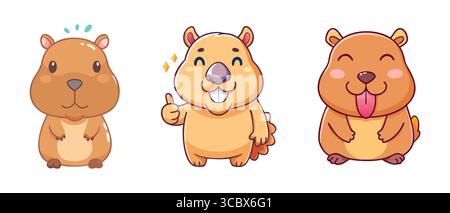 Niedliche Capybara-Cartoon-Ausdrücke mit Daumen hoch und fröhlichen Gesichtern Stock Vektor