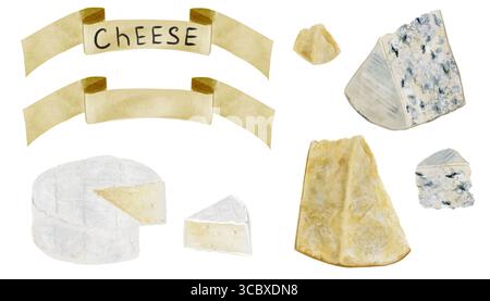 Illustration der Käseset-Aquarelle. Von Hand gezeichnete verschiedene Käsesorten, Brie, Dor Blue, Parmesan. Essensclip Kunst. Ideal für Rezeptbücher, Schilder und Stockfoto