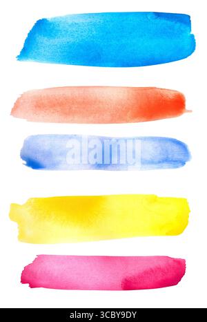 Satz von farbigen Pinselstrichen mit Aquarellfarben isoliert auf weißem Hintergrund. Bunte Pinselstriche in Aquarellfarben mischen Collage Set-Kollektion. Stockfoto