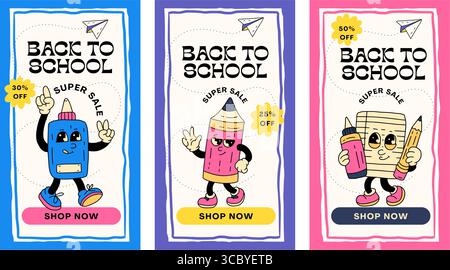 Zurück Zu Schule Verkauf Banner Rabatt Label Shop Anzeigen Promotion Vektor Set Mit Niedlichem Kleber Bleistift Notizbuch Schulbedarf Cartoon Charaktere Stock Vektor