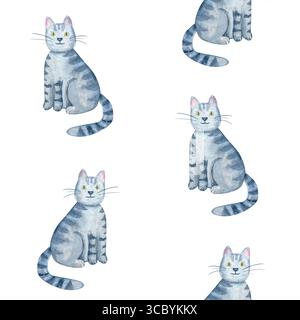 Sitzende graue Tabbykatze mit grünen Augen nahtlosem Muster. Niedliche Aquarellillustration isoliert auf weiß. Handbemalt, perfekt für Kinder Stockfoto
