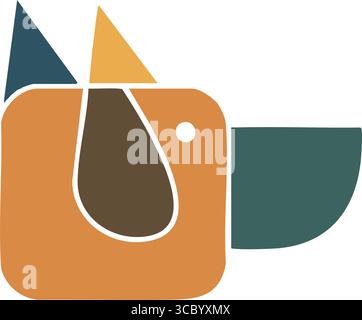 Abstraktes Geometrisches Vogeldesign. Eine lebendige, minimalistische Illustration, die eine stilisierte Vogelkreatur darstellt. Seine einfachen Formen und warmen Farbtöne erwecken einen Sinn Stock Vektor