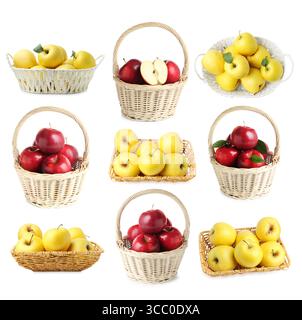 Frische Äpfel in Korbkörben isoliert auf weiß, Set Stockfoto