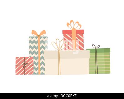 Weihnachtsgeschenke mit Schleife. Weihnachten und Happy New Year Design. Illustration des flachen Vektors. Große Stapel von Geschenkkartons isoliert auf weißem Hintergru Stock Vektor