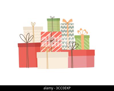 Große Stapel von bunten verpackten Geschenkboxen mit Band isoliert auf weißem Hintergrund. Frohe Weihnachten und ein gutes neues Jahr. Illustration des flachen Vektors Stock Vektor