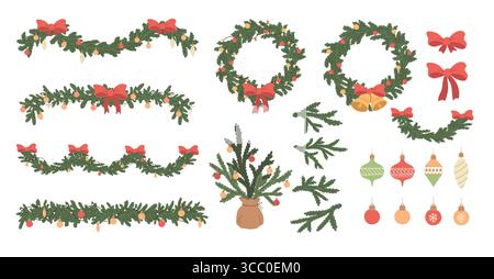 Zeichentrickset mit Weihnachtsgirlanden, Tannenzweigen, roter Schleife, Licht- und Jingle-Glocken. Weihnachtsdekoration auf weißem Hintergrund. Neujahrsdesign. Flach Stock Vektor