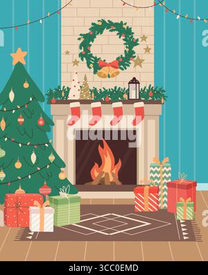 Weihnachtliche gemütliche Einrichtung mit Kamin und Dekoration. Nettes Wohnzimmer mit Weihnachtsbaum, Bällen, Geschenkboxen, Girlande, Kerzen, Glocken. Winterurlaub Meer Stock Vektor