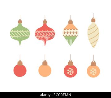 Set von Weihnachtsdekorationen, Kugeln, Spielzeug isoliert auf weißem Hintergrund. Illustration des flachen Vektors Stock Vektor