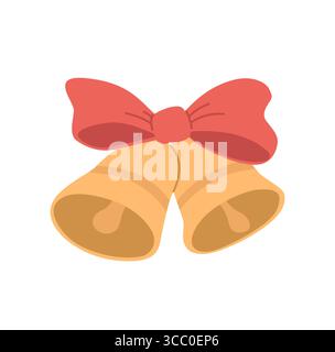 Goldene Weihnachtsglocken mit roter Schleife. Illustration des flachen Vektors. Stock Vektor