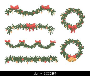 Zeichentrickset mit Weihnachtstannengirlanden, roter Schleife und Jingle Glocken. Illustration des flachen Vektors. Stock Vektor