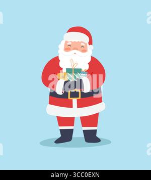 Lustige Weihnachtsmann-Figur mit Geschenken. Frohe Weihnachten und Neujahr Cartoon Vektor Illustration. Designelement für Winterferien Stock Vektor