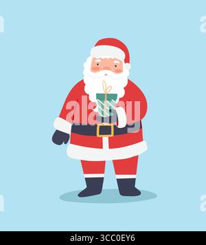 Lustige Weihnachtsmann-Figur mit Geschenk isoliert auf blauem Hintergrund. Frohe Weihnachten und Neujahr Cartoon Vektor Illustration. Design für Winterferien Stock Vektor