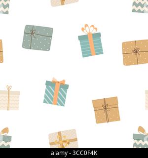 Nahtloses Weihnachtsmuster mit verschiedenen Geschenkboxen. Neujahr, Feiertage, Geburtstagsgeschenke auf weißem Hintergrund. Geschenkpapier, Textil, Grußauto Stock Vektor