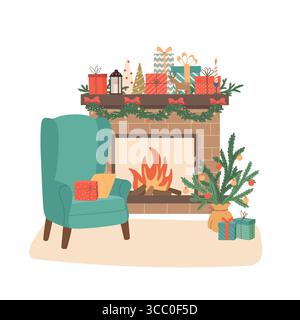 Weihnachtliches gemütliches Wohnzimmer mit Kamin, Sessel und Geschenkboxen. Winterferien Dekoration, Weihnachtsbaum, Girlande. Frohes Neues Jahr. Cartoon V Stock Vektor