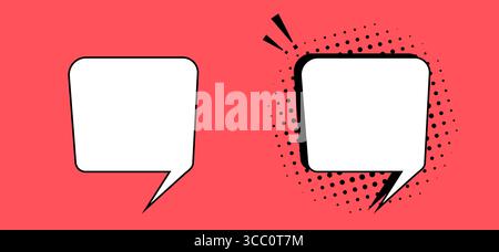 Ein Satz quadratischer Sprechblasen-Vorlagen auf rotem Hintergrund. Vintage-Pop-Art-Design. Stock Vektor