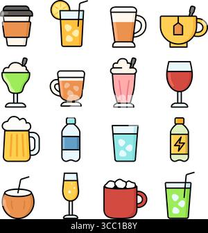 Eine Sammlung von 16 verschiedenen Vektorsymbolen im flachen Stil, die verschiedene Getränke darstellen. Zu den Symbolen gehören Kaffee, Tee, Bier, Cocktails, Wein, Wasser und Ju Stock Vektor