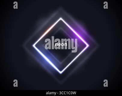 Abstrakter Glimmrhombus-Neonlinien-Hintergrund. Glänzender Rautenrahmen mit Lichtreflexion, Rauchnebel und blauem und violettem Lichteffekt. Vektorglühendes Flare Stock Vektor