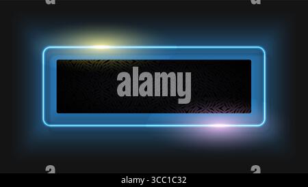 Hochwertiges schwarzes Etikett mit abstraktem geometrischem Muster und blauem Rahmen in Neonfarben auf schwarzem Hintergrund. Rechteckige Logo-Vorlage in luxuriösem Glanz. Vektorüberschrift Stock Vektor