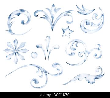 Eine Reihe von Elementen eines frostigen Winterornaments, handgezeichnet. Die Aquarellabbildung ist auf weißem Hintergrund isoliert. Silbrige Formen und Wirbel Stockfoto