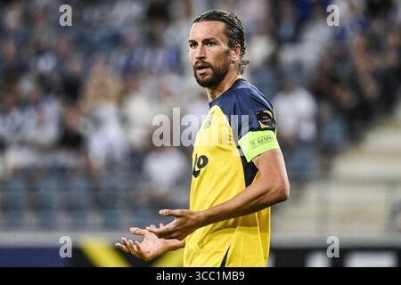 Gent, Belgien. August 2025. Christian Burgess reagiert auf ein Fußballspiel zwischen KAA Gent und Royale Union Saint-Gilloise am Samstag, den 9. August 2025 in Gent, am dritten Tag der ersten Liga der Jupiler Pro League 2025-2026. BELGA FOTO TOM GOYVAERTS Credit: Belga Nachrichtenagentur/Alamy Live News Stockfoto