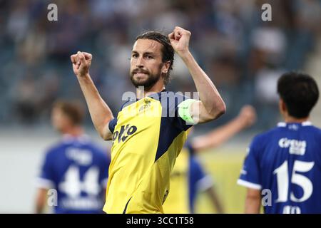 Gent, Belgien. August 2025. Christian Burgess feiert am Samstag, den 9. August 2025 in Gent, am 3. Tag der ersten Liga der „Jupiler Pro League“ 2025-2026 in der belgischen Meisterschaft während eines Fußballspiels zwischen KAA Gent und Royale Union Saint-Gilloise. BELGA FOTO BRUNO FAHY Credit: Belga News Agency/Alamy Live News Stockfoto
