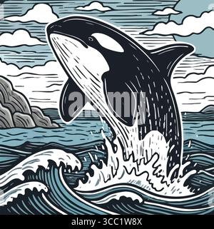 Majestätischer Orca, der vom Ozean springt. Dynamisches Kunstwerk mit einem mächtigen Killerwal, der aus turbulenten tiefen Gewässern springt. Dieses leistungsstarke Design symbolisiert Stock Vektor