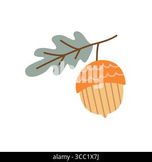 Handgezeichneter Acorn mit Eichenblatt in warmen Herbstfarben für saisonale Dekor und Herbstillustrationen Stock Vektor